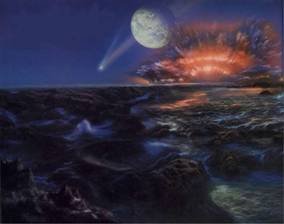 "Representación artística de la caída de un meteorito en la Tierra del Hádico, con la Luna recién formada y, por ello, aún muy cerca de nuestro planeta. Tomada de Scientific American Presents (1998), 9 (3): 18."